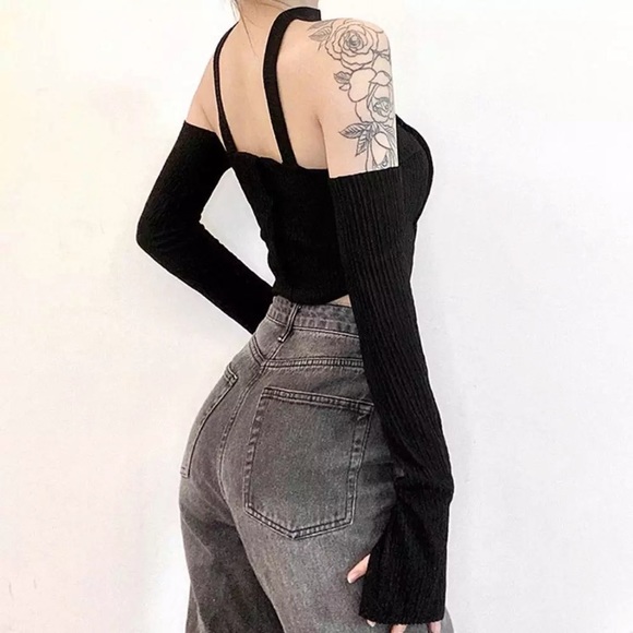 Black off the shoulder choker long sleeve top - Picture 5 of 9